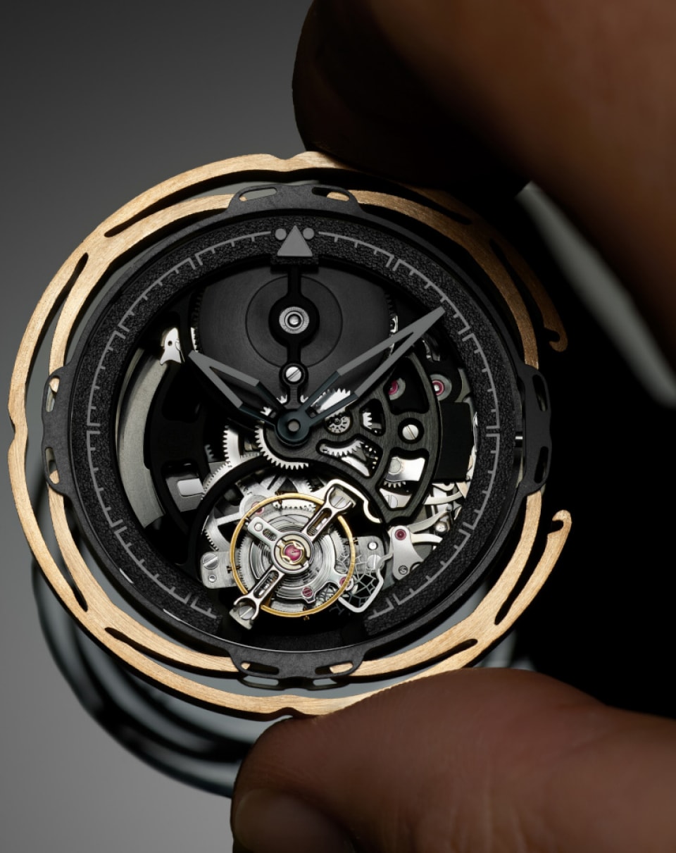 Watch mechanism of the IWC Big Pilot’s Watch Shock Absorber Tourbillon Skeleton XPL.