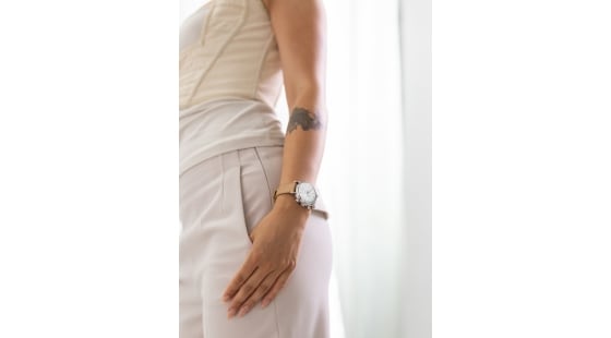 Pure harmony: The 39-mm chronograph IW391502 in steel comes with a beige calfskin strap
