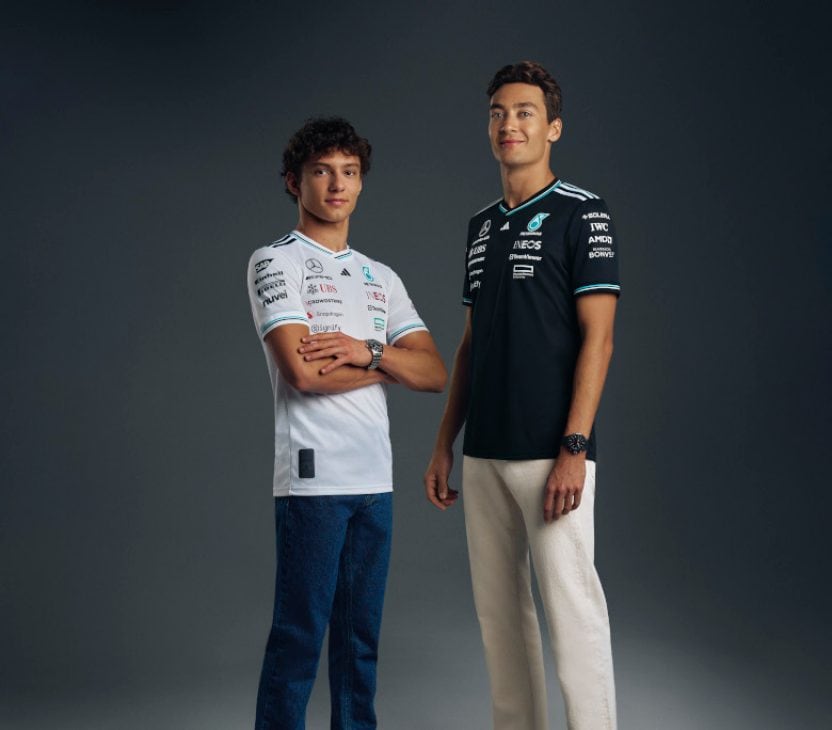 Mercedes-AMG PETRONAS Formula One™ new driver Andrea Kimi Antonelli with Grand Prix-winner and IWC brand ambassador, George Russell wearing IWC watches